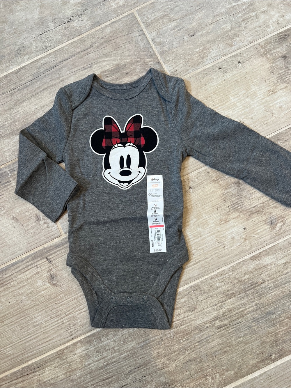 Disney Gray Long Sleeve Minnie Mouse One-Piece with Red Plaid Bow 9 mo